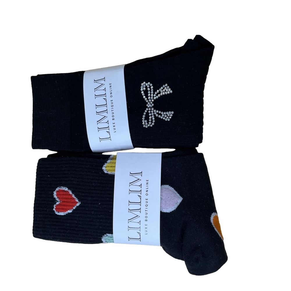 LIMLIM Luxury Boutique Socks, 2 Pairs Black w/ Sparkle Bow & Multicolor Hearts